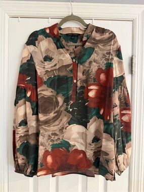 Dora Landa 100% Silk Floral Blouse in Teal, Rust & Cream